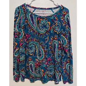 T By Talbots Top Women’s XL Teal Pink Floral Paisley Bold Bright Pullover Shirt